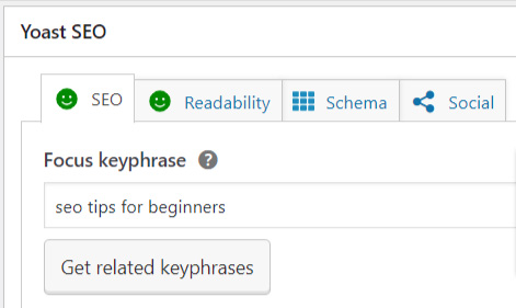 The Yoast SEO WordPress plugin shows green smiley faces