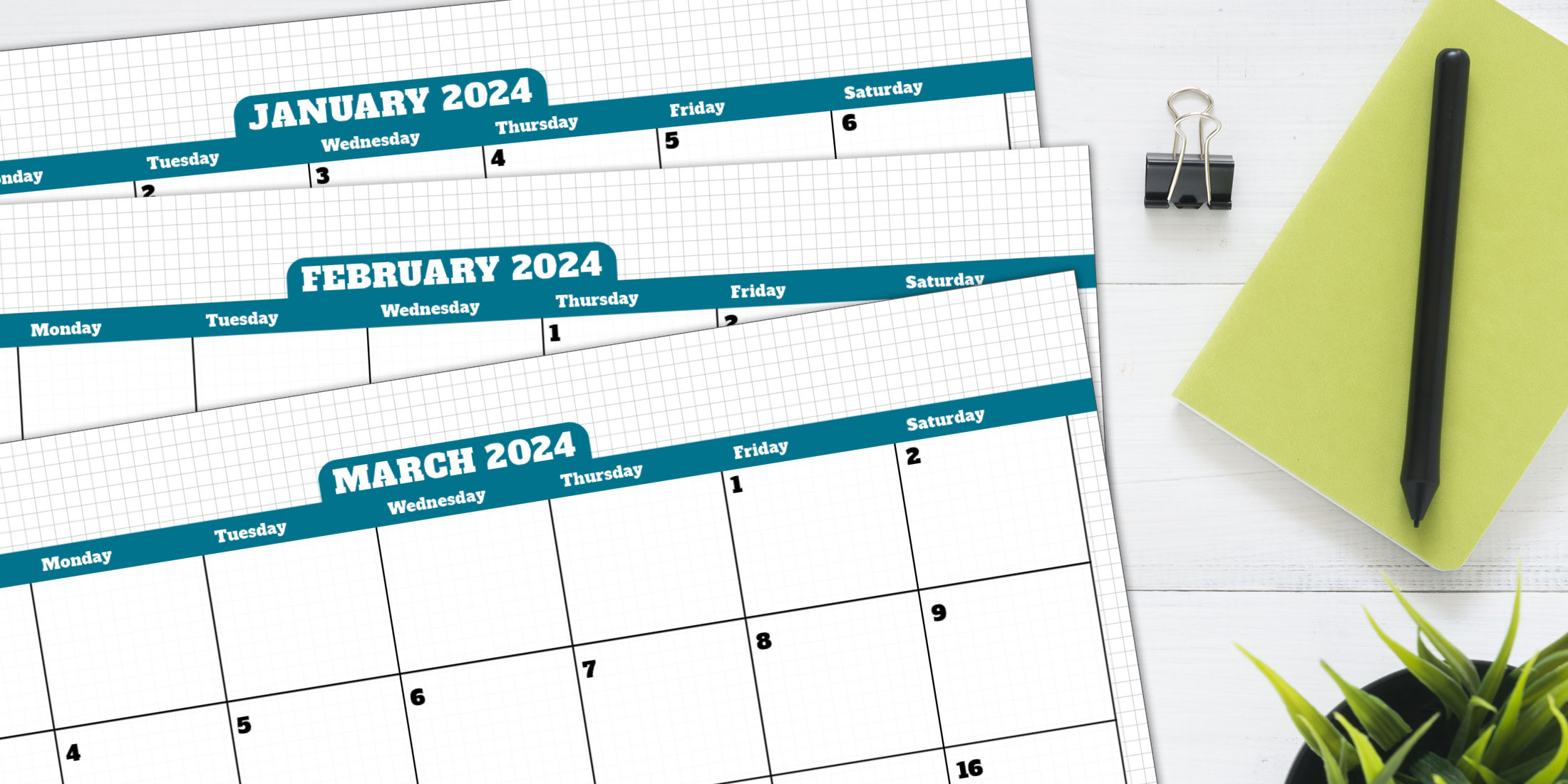 2024 calendar printable lays on a white desk