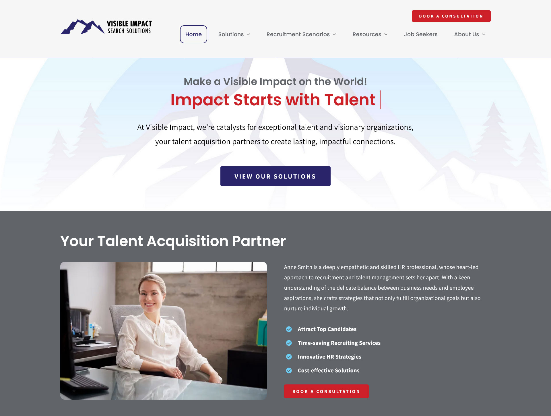 Screenshot of home page: website design for recruitment